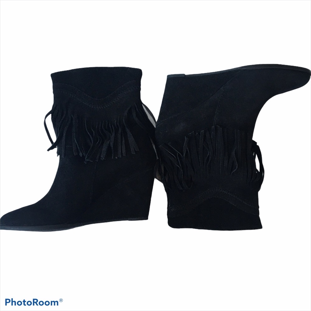 STEVEN Eragon Black Suede Wedge Fringe Boots Size 9 NWT